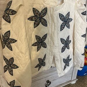 Vestique White Quilted Jacket with Blue Floral Accents